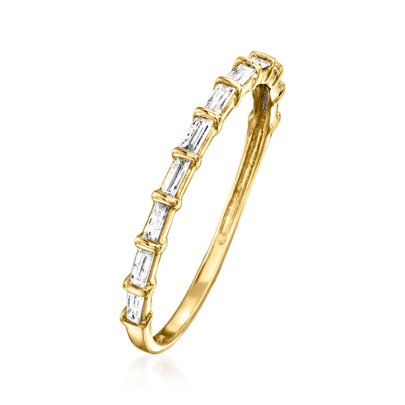 14kt yellow gold baguette diamond ring, side view of stacked rectangular stones