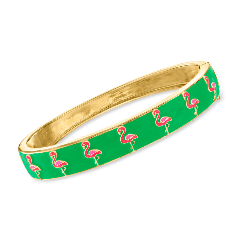 Gold bangle bracelet with green enamel and pink flamingo accents