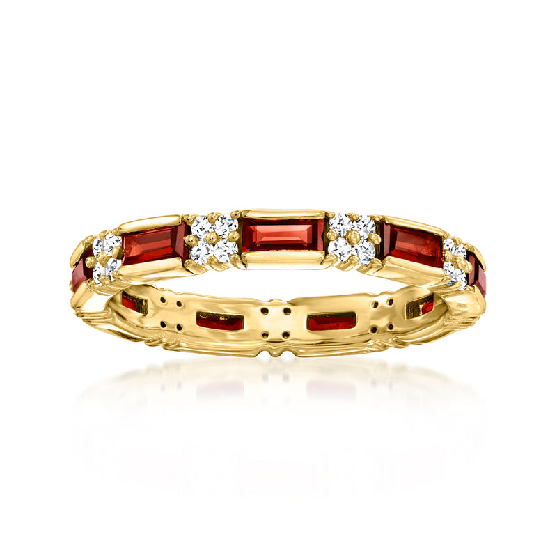 Gold eternity band with red baguette stones and white round zircons in prong settings