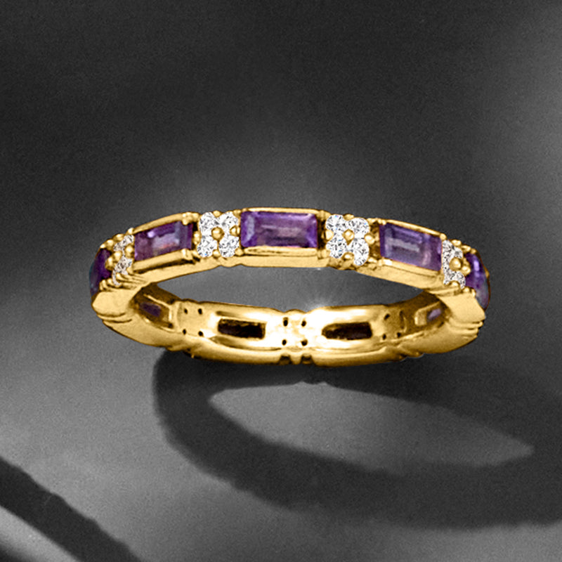 Gold eternity band with rectangular purple amethyst stones and white zircon rows