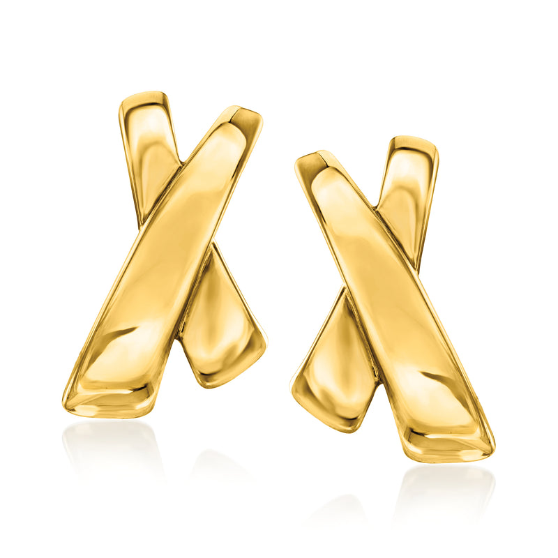 X-shaped gold over sterling stud earrings with shiny polished finish, post backs