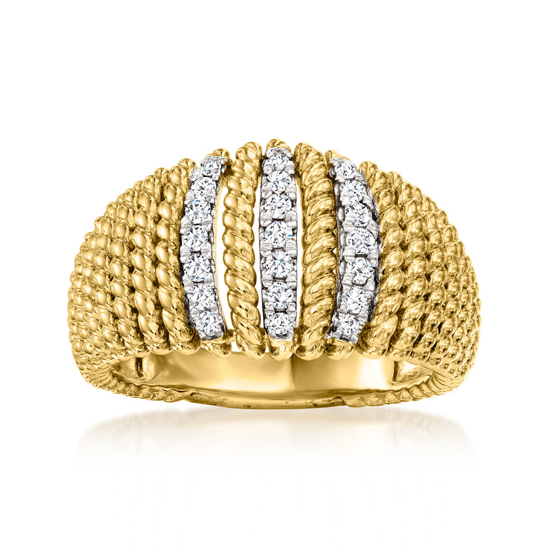 Gold roped ring with three white diamond bands, 18kt gold over sterling.