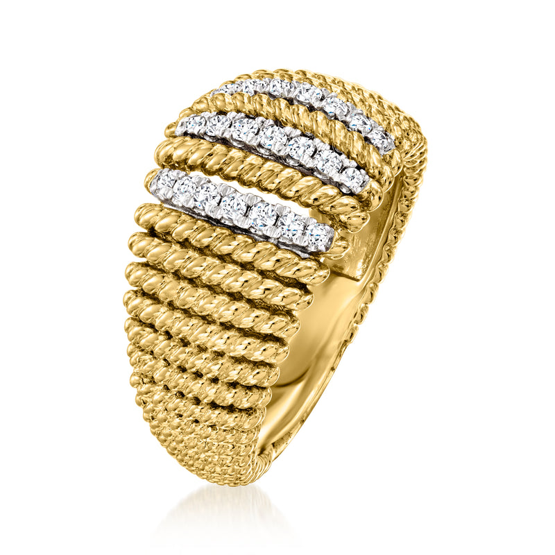 Textured gold roped ring with three diamond inlay rows, curved profile.