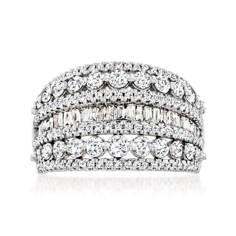 Diamond multi-row ring in 14kt white gold with round and baguette stones
