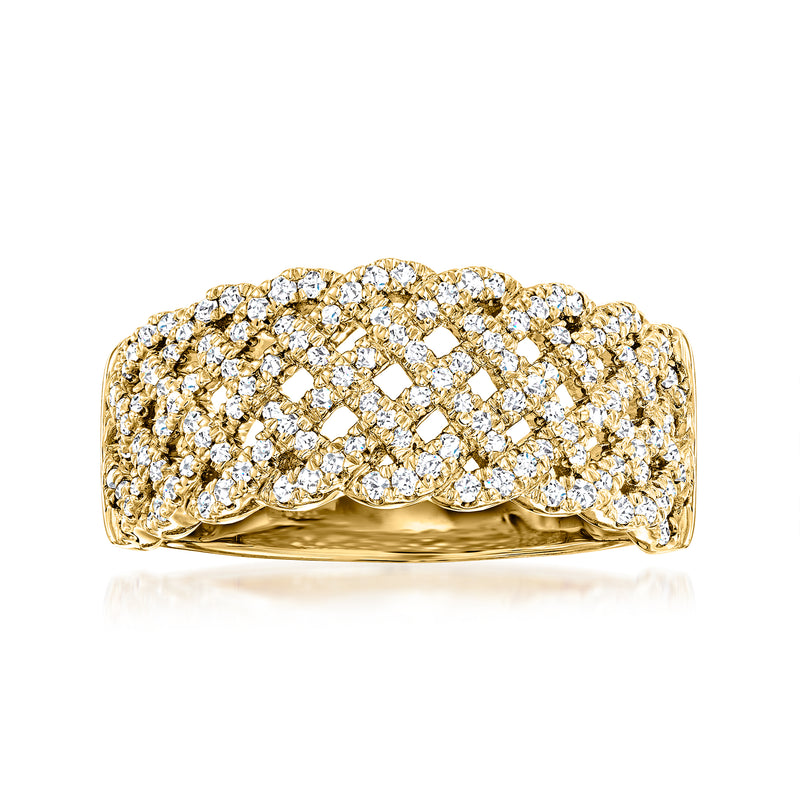 14kt yellow gold diamond basketweave ring with round-cut stones, wide band
