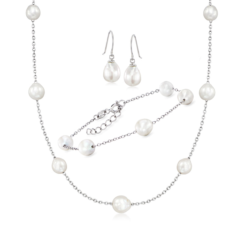 Sterling silver pearl jewelry set: necklace, bracelet and drop earrings
