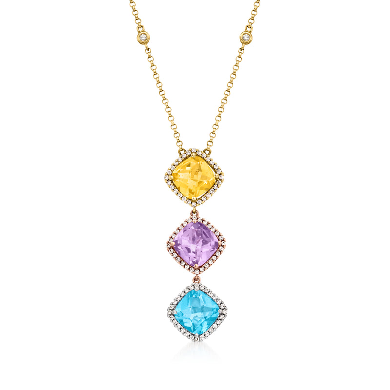 Tri-colored gold triple-drop necklace with yellow, purple, blue gemstones and diamond halos