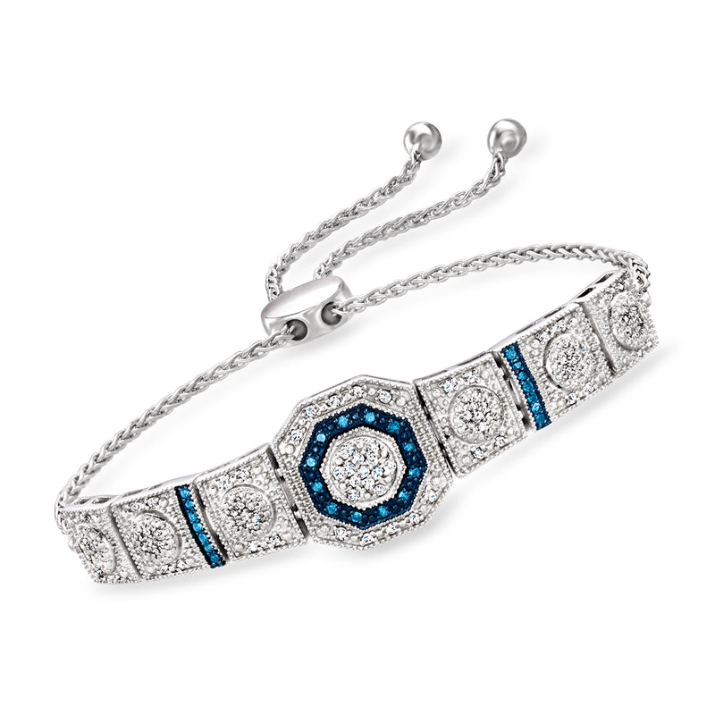 Sterling silver bolo bracelet with blue and white octagon diamond-style centerpiece