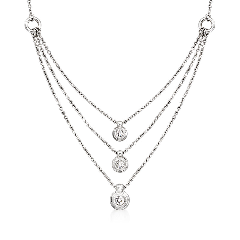 14kt white gold layered necklace with three round bezel-set diamonds