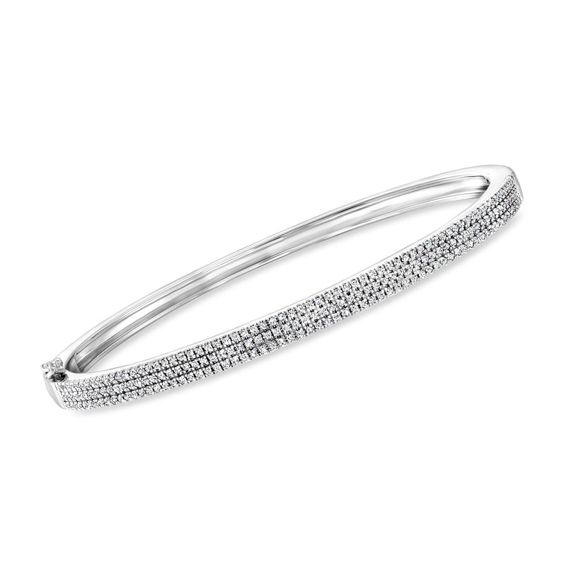Sterling silver pave diamond bangle bracelet, oval cuff with full row of stones