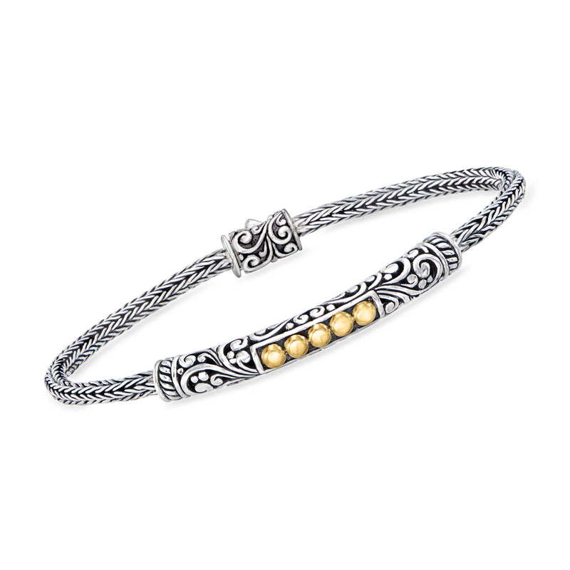 Sterling silver Bali-style ID bracelet with engraved bar and three 18kt yellow gold beads