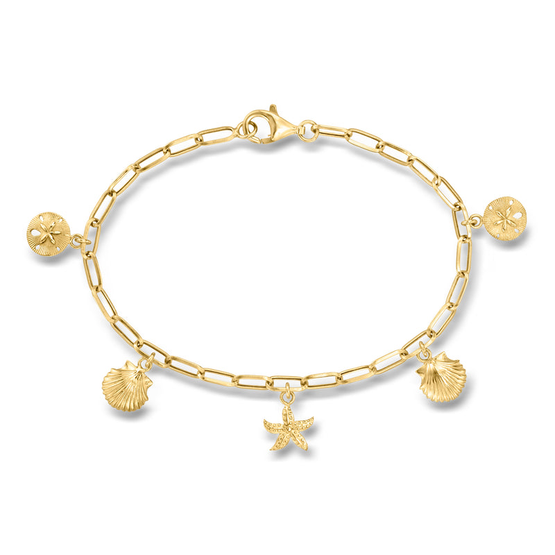 14kt yellow gold paper-clip link bracelet with sea-life starfish and shell charms