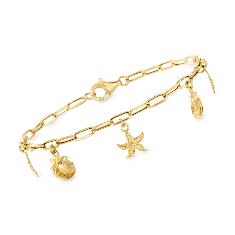 14kt yellow gold paper-clip link bracelet with starfish and shell charms, lobster clasp