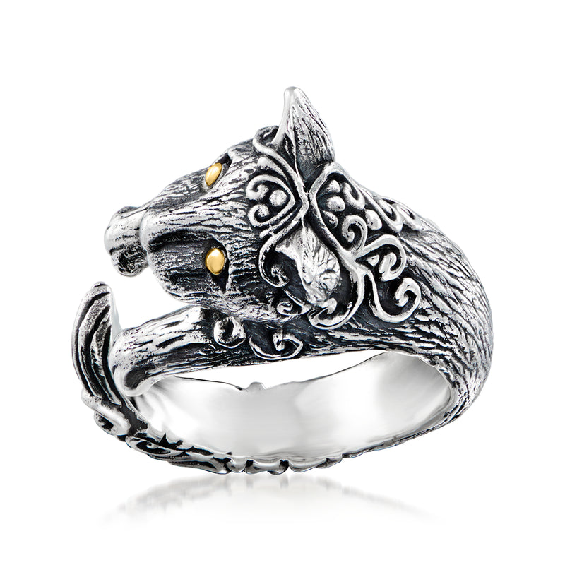 Sterling silver cat wrap ring with textured detail and 18kt yellow gold accent eyes