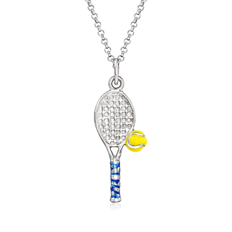 Sterling silver tennis racket pendant necklace with multicolor enamel details and chain