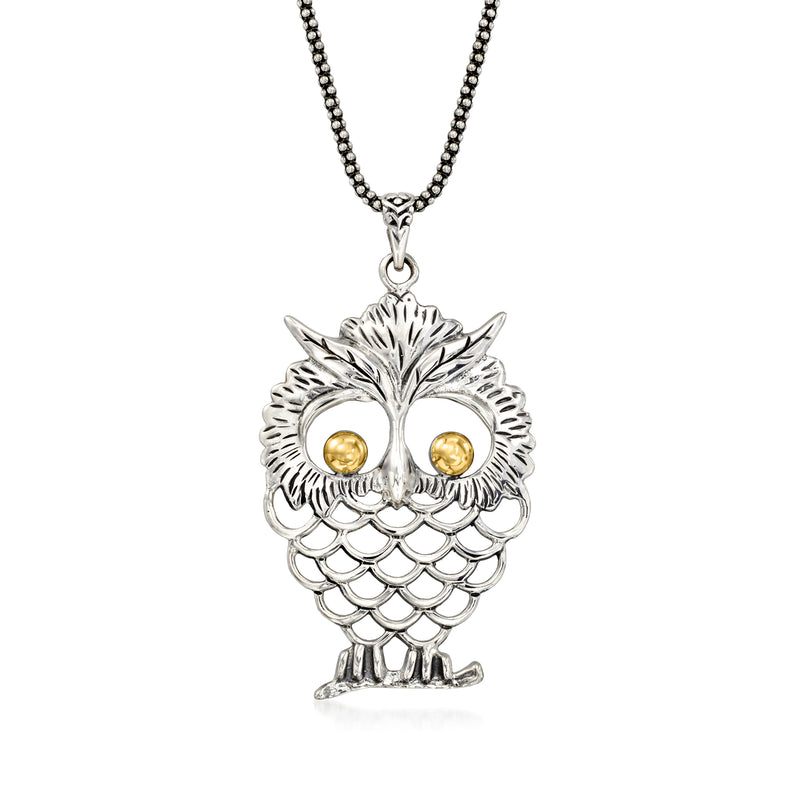 Owl pendant necklace in sterling silver with 18kt yellow gold-style eyes, on a bead chain
