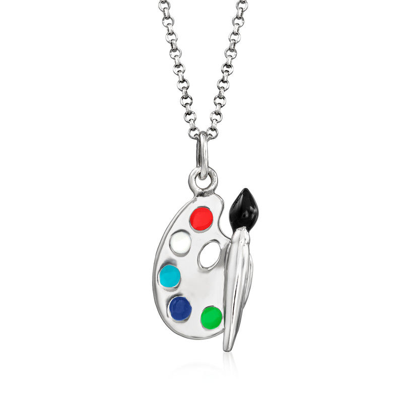 Sterling silver paint palette pendant necklace with multicolored enamel dots and cat brush charm
