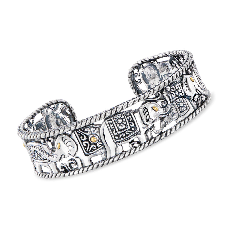 Elephant cuff bracelet in sterling silver with 18kt yellow gold accents, hinged oval style