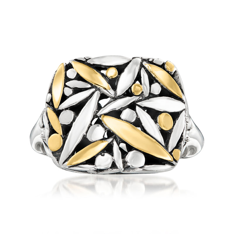 Sterling silver leaf-style ring with 18kt yellow gold accents and domed details