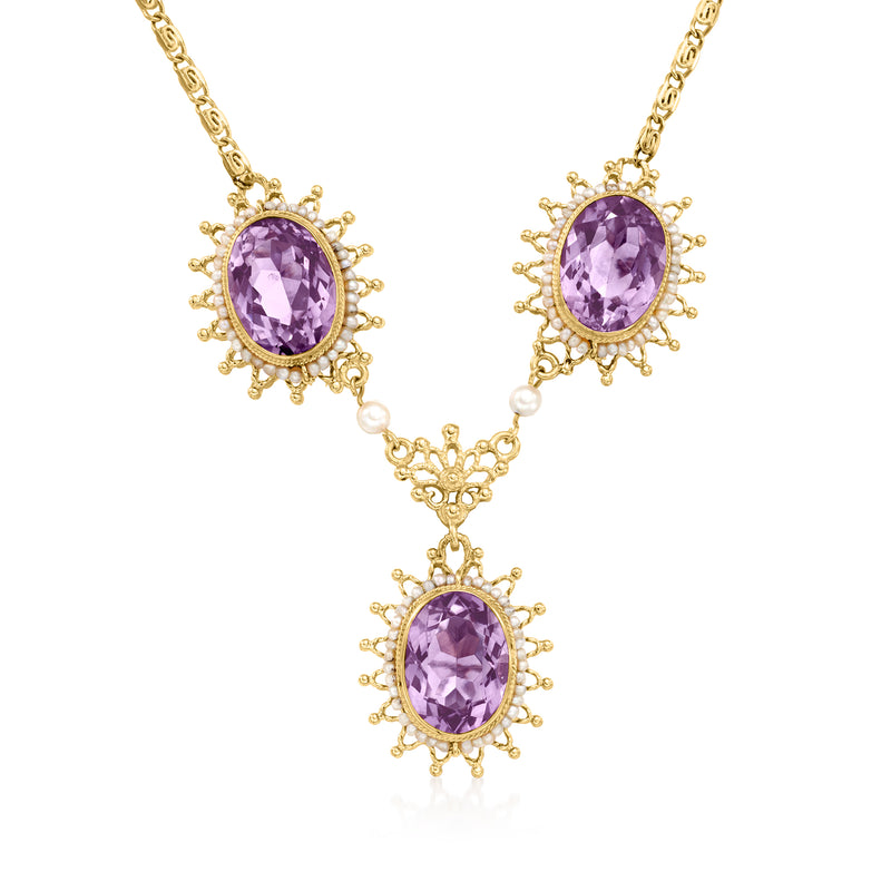 Vintage amethyst and seed pearl drop necklace in 14kt yellow gold, oval amethyst pendant