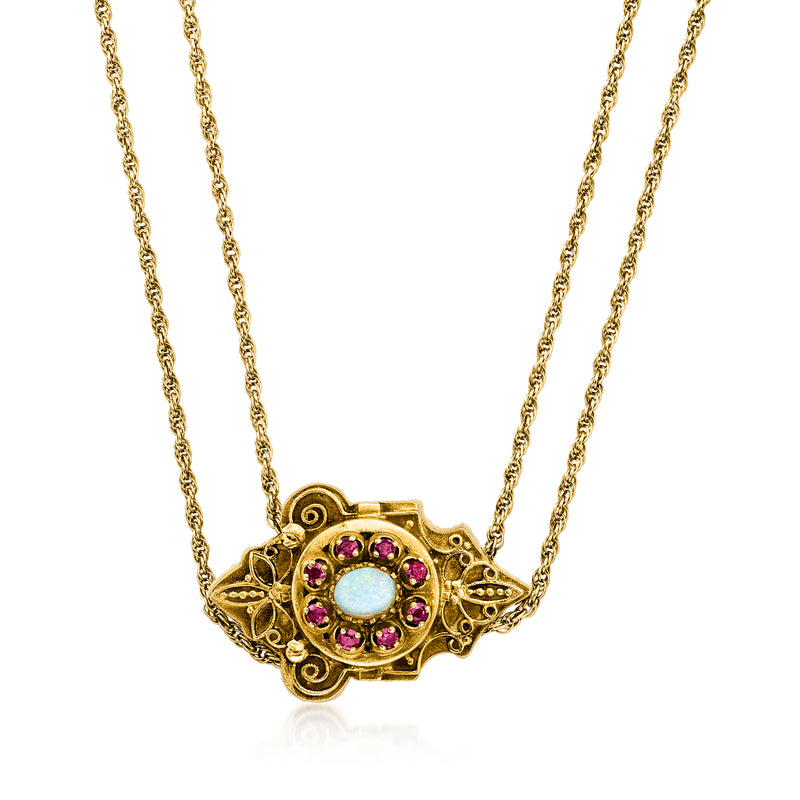 14kt yellow gold two-strand necklace with opal center and ruby halo pendant