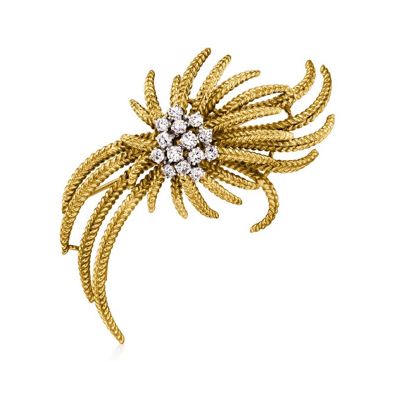 Vintage diamond floral swirl pin in yellow gold, platinum accents with small round diamonds