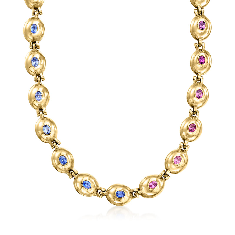 14kt yellow gold oval-link necklace with blue and pink oval sapphire-style stones