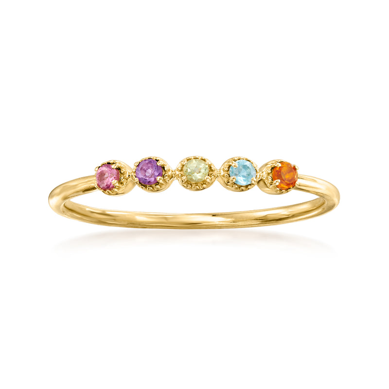 14kt yellow gold multi-gemstone ring with five round stones: purple, yellow, blue, orange