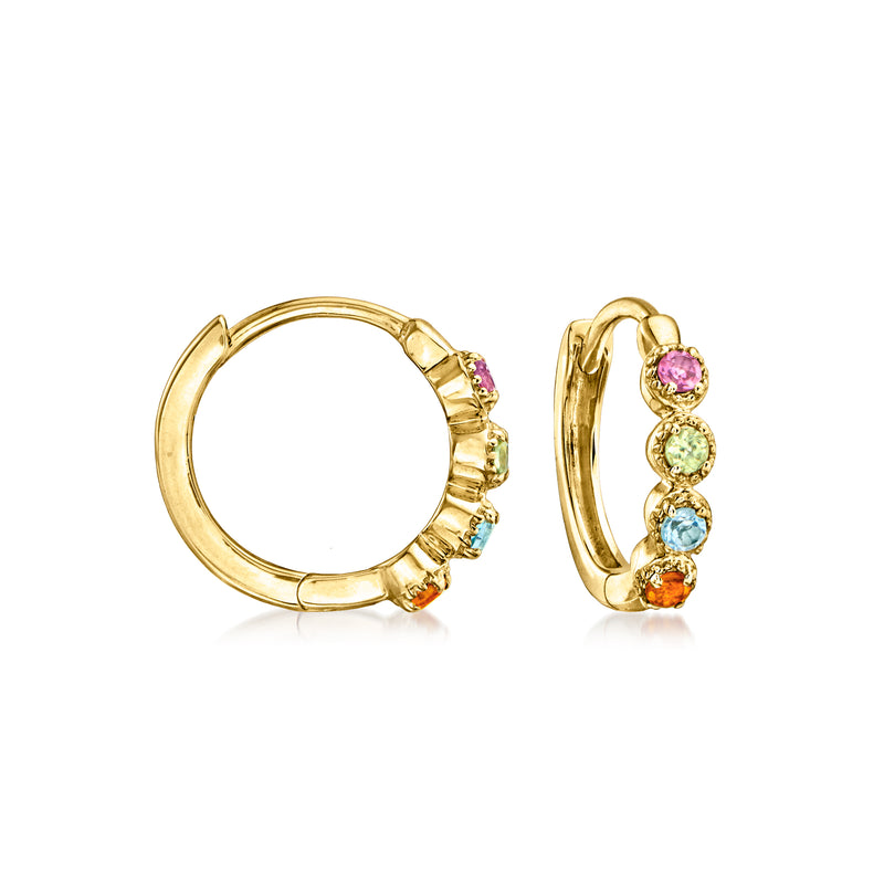 14kt yellow gold huggie hoop earrings with multicolor gemstone drops
