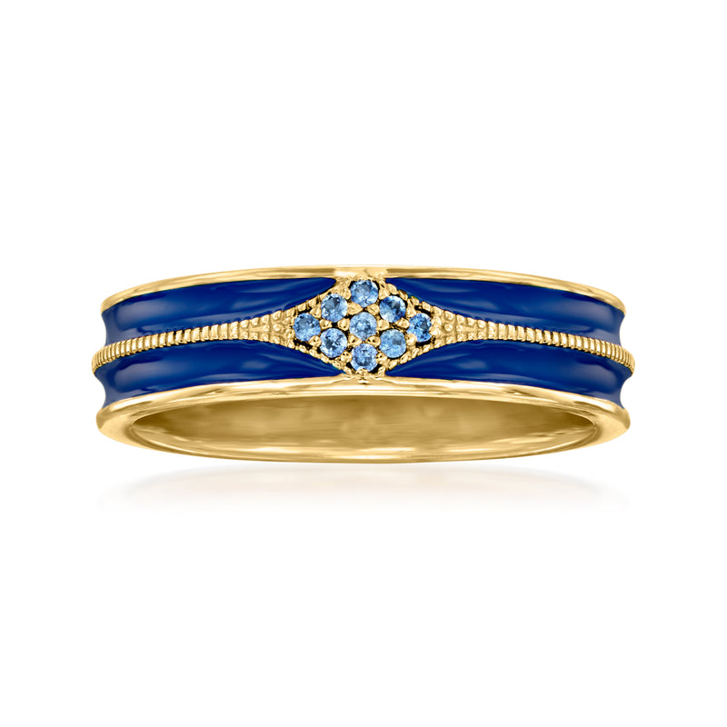 Gold ring with blue enamel band and round gemstone cluster at center