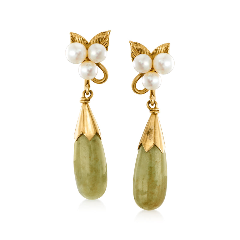 14kt yellow gold clip earrings with cultured pearl cluster and jade teardrop drops