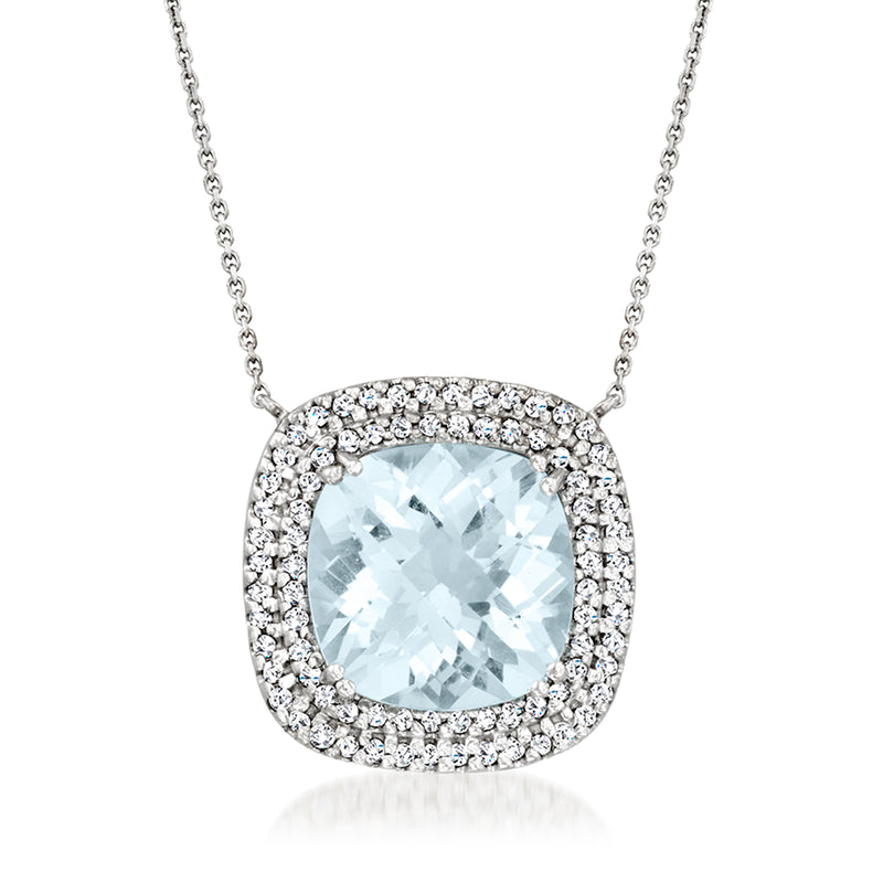 14kt white gold necklace, oval aquamarine pendant with diamond halo
