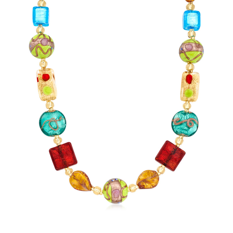 Multicolored Murano glass bead necklace with gold-tone spacers, round and square beads