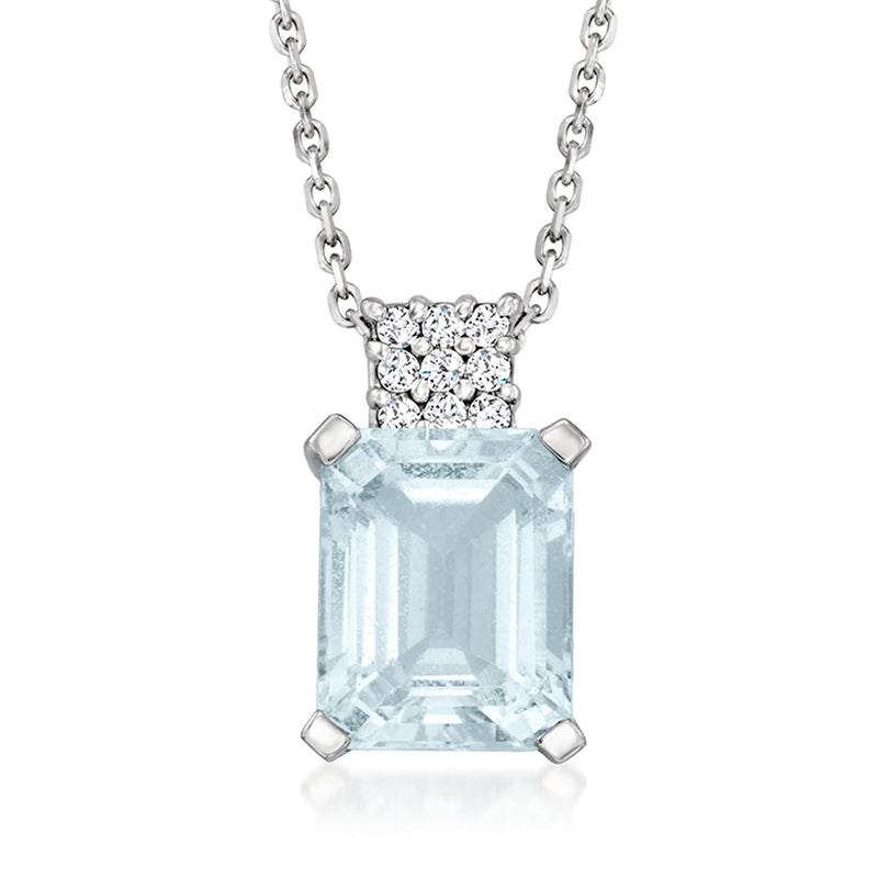 Aquamarine pendant necklace with diamond cluster top in 14kt white gold chain