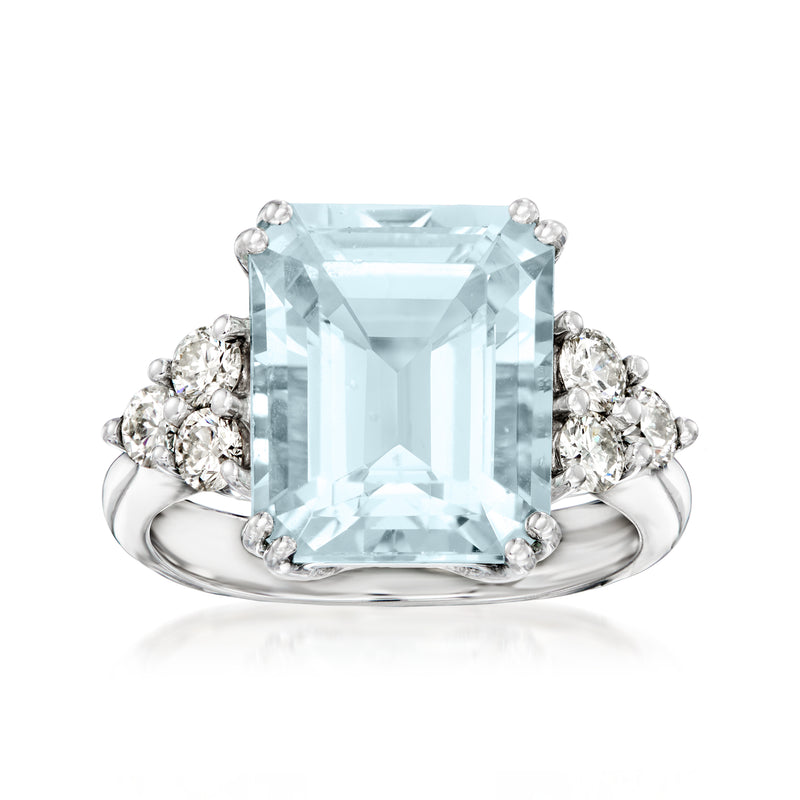 Aquamarine and diamond ring with emerald-cut center stone in 14kt white gold