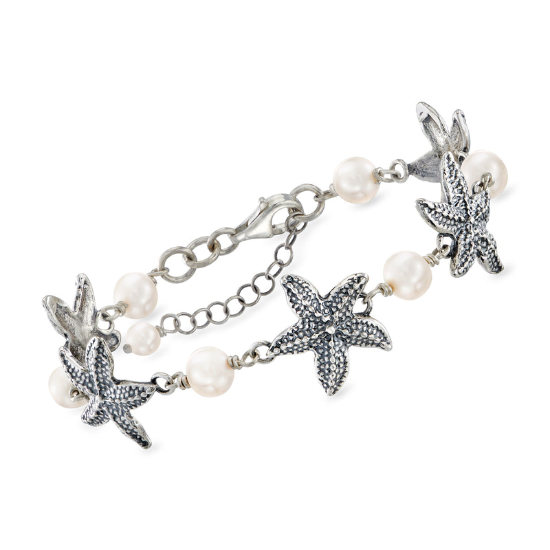 Sterling silver starfish bracelet with cultured pearls and chain links
