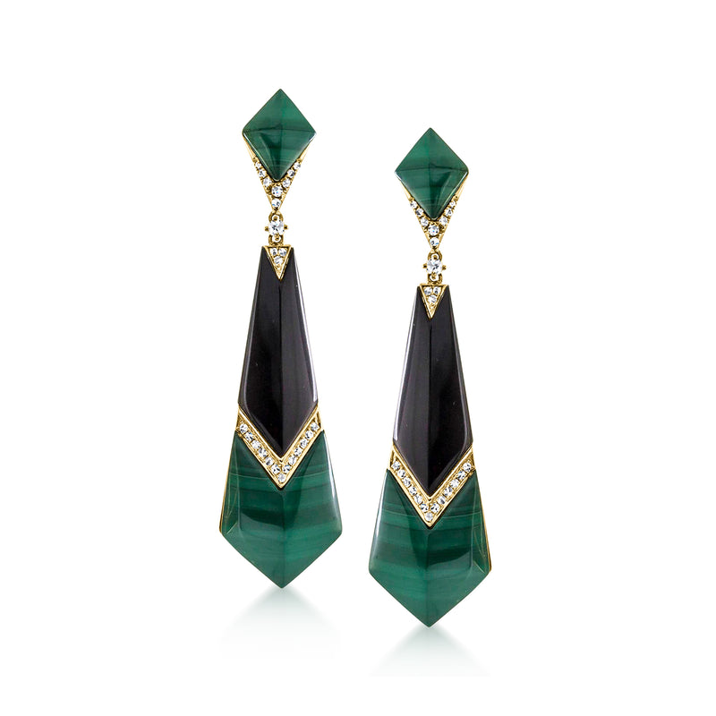 Gold-tone drop earrings with green and dark stone dangles and diamond accents