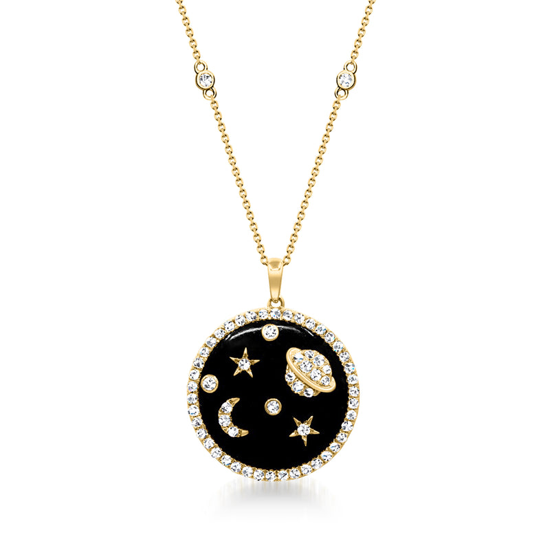 14kt yellow gold celestial pendant necklace with black round onyx and diamond star halo