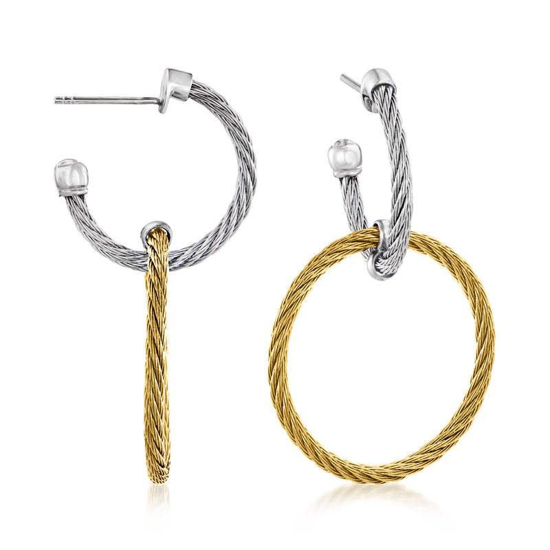Two-tone cable hoop drop earrings with yellow gold hoop and silver wire details