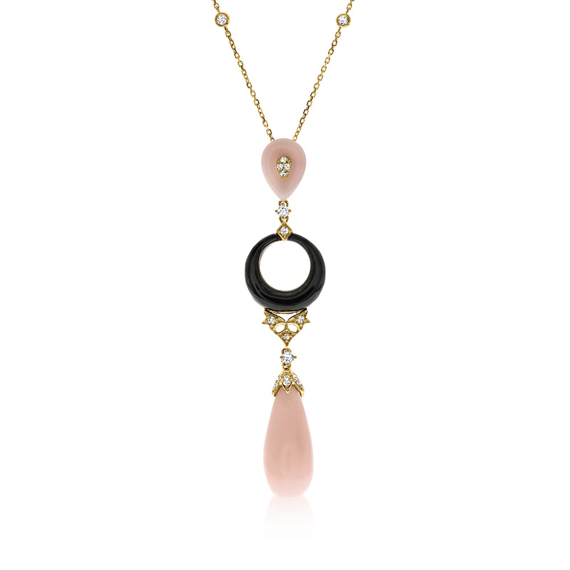 14kt yellow gold pendant necklace with pink opal, black onyx ring, and diamond accents