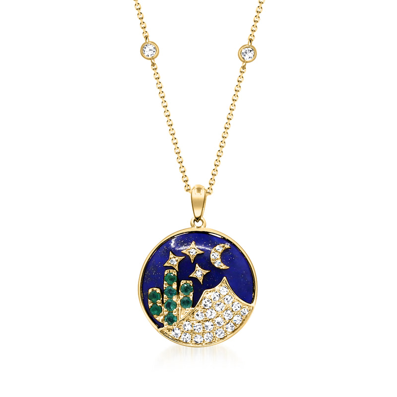 14kt yellow gold cactus pendant necklace with round lapis charm, moon, stars, diamonds