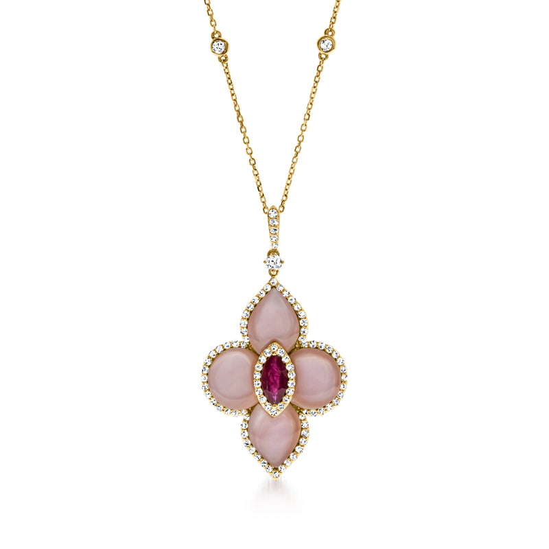 14kt yellow gold pendant necklace: pink mother-of-pearl flower with diamond accents