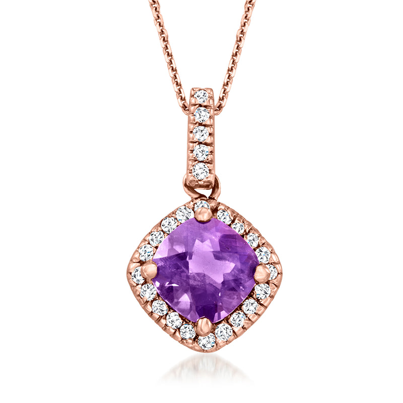 14kt rose gold pendant necklace with amethyst center and diamond halo