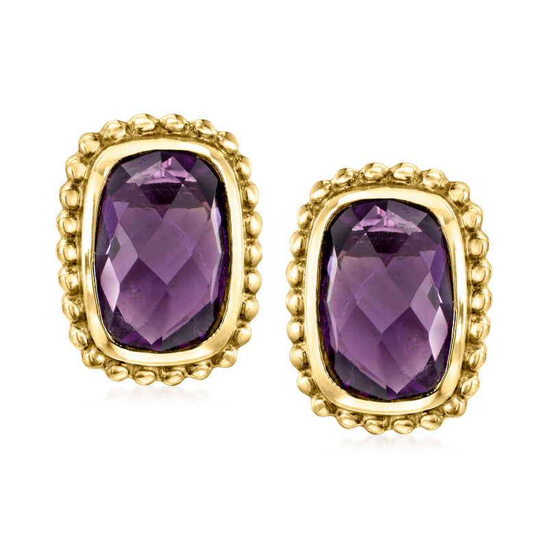 Amethyst beaded-edge post earrings, 14kt yellow gold with oval purple gemstones