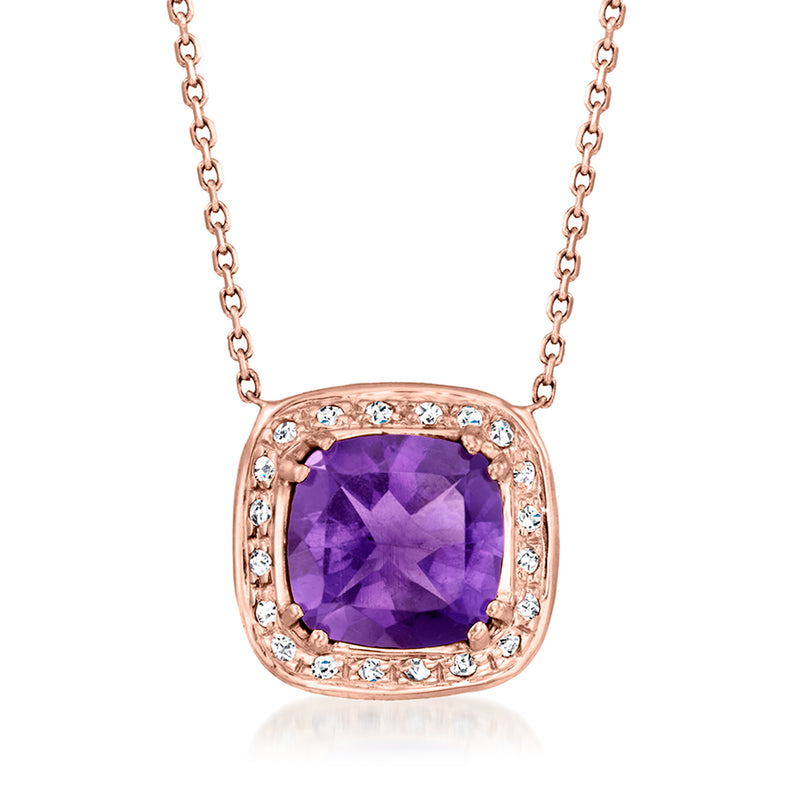 Rose gold pendant necklace with oval amethyst and diamond halo