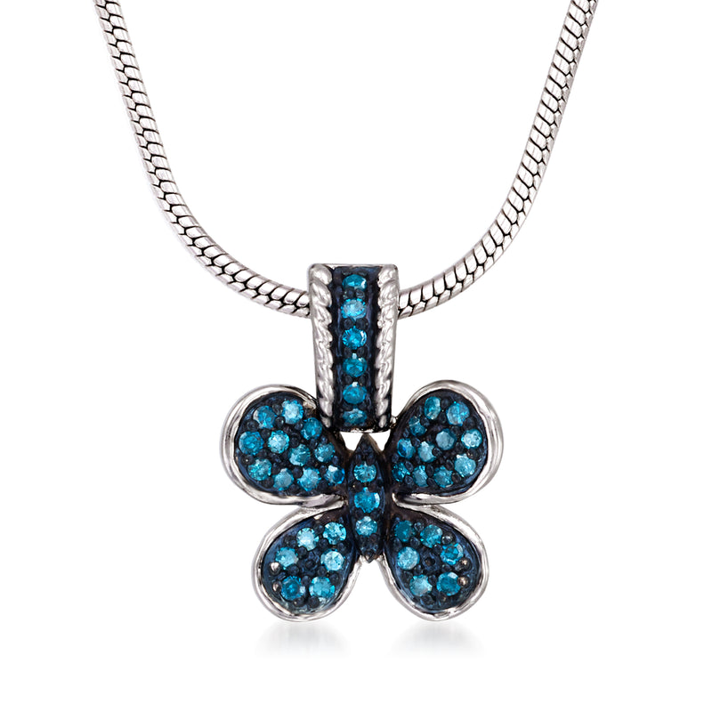 Sterling silver blue diamond butterfly pendant necklace with blue stone wings