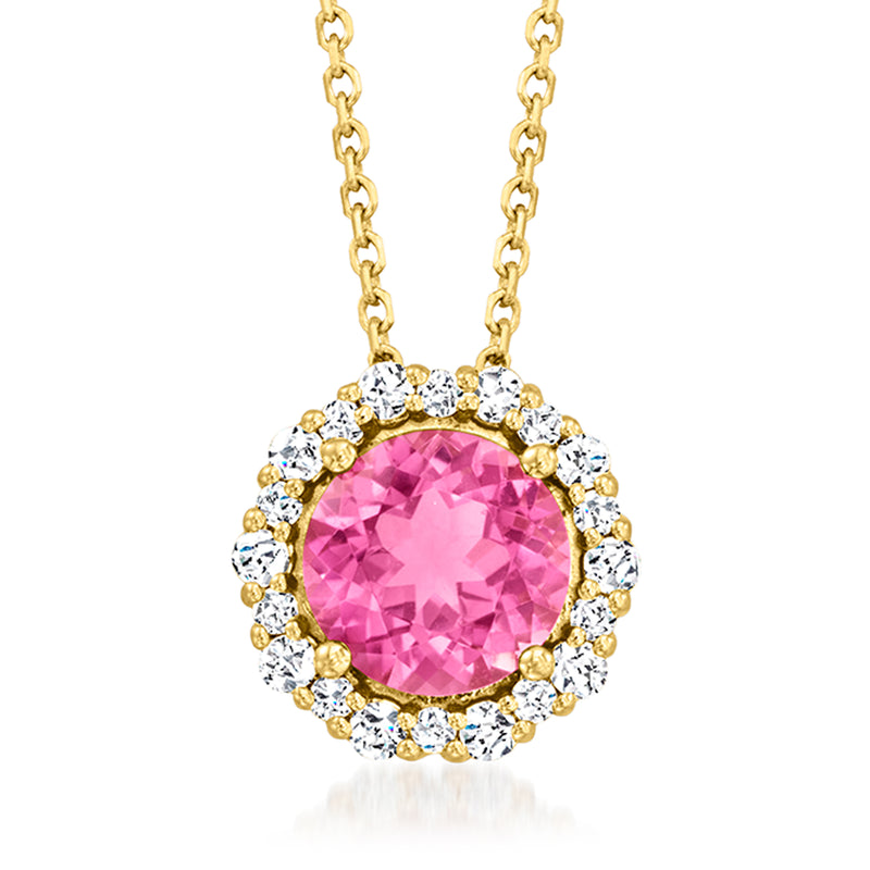 14kt yellow gold necklace with round pink tourmaline haloed by diamonds