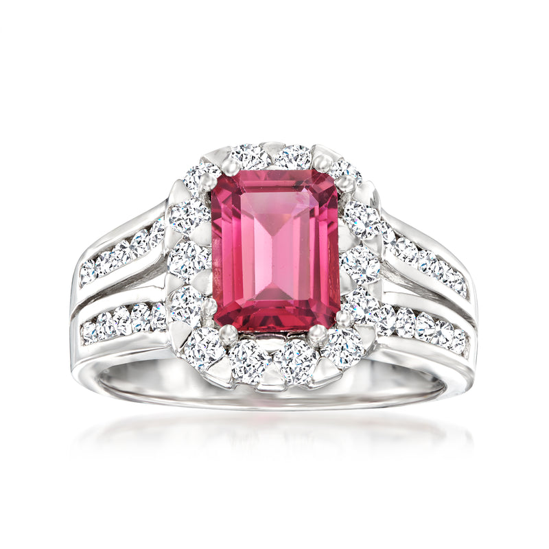 14kt white gold ring with rectangular pink tourmaline center, diamond halo and side stones