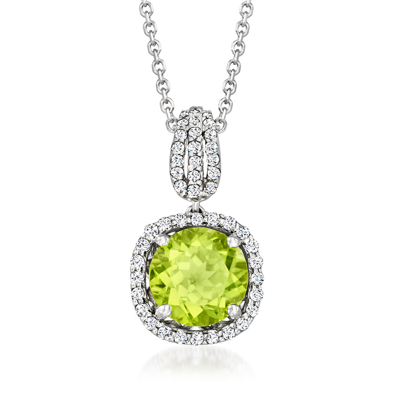 Peridot and diamond pendant necklace with round green center and halo, white gold chain