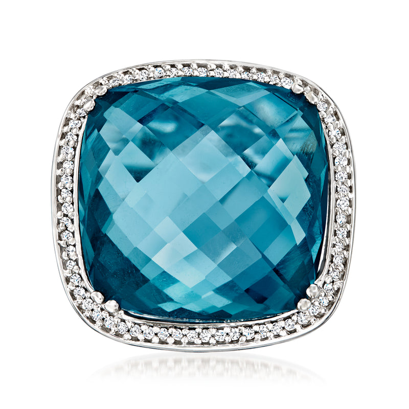 London blue topaz cushion-cut ring with diamond halo in 14kt white gold setting